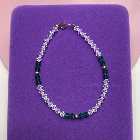 💛 Vintage 14k Gold & Green/White Austrian Crystal Stacking Bracelet - Picture 4 of 4